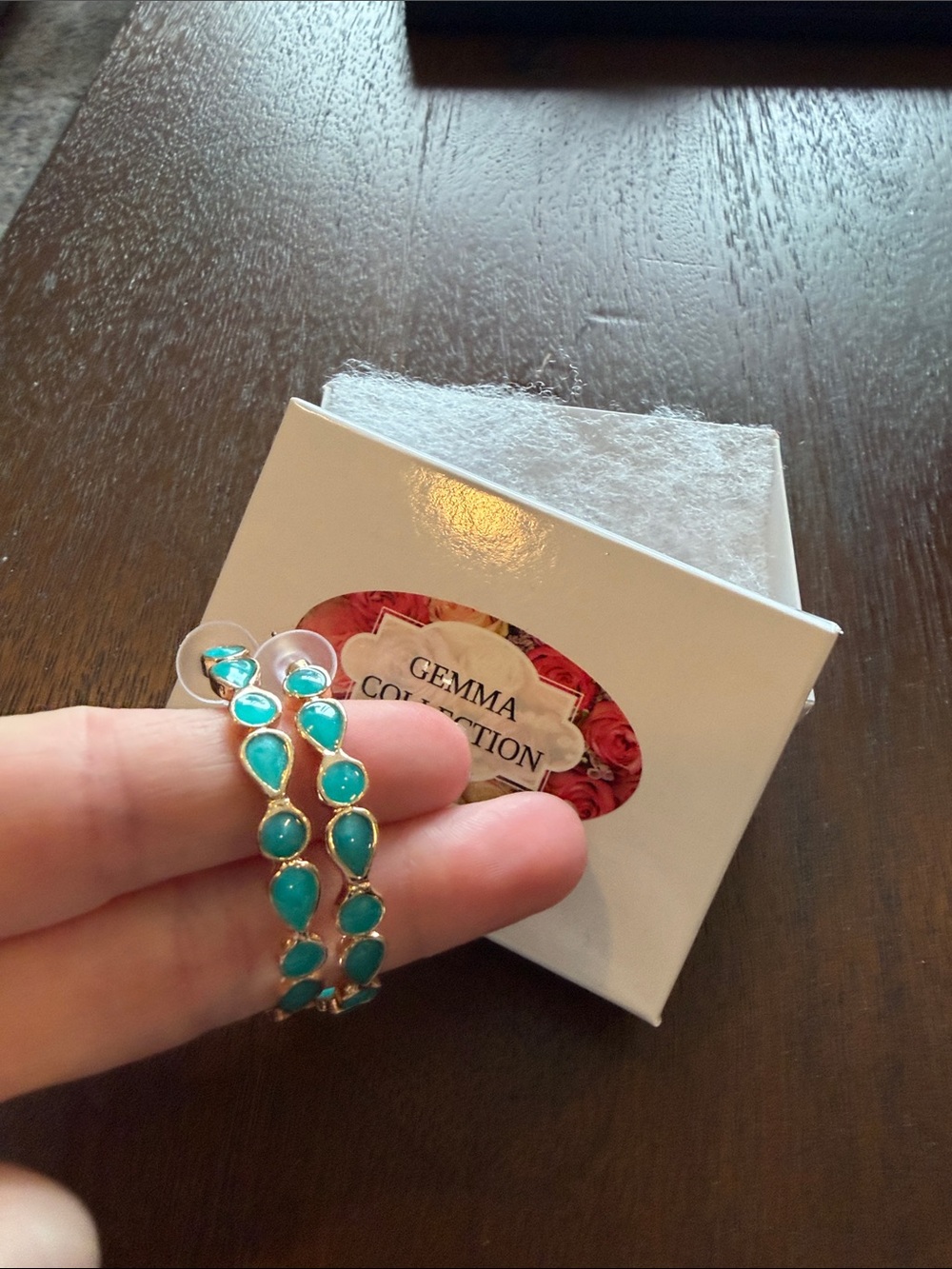 Teardrop Turquoise Hoop Earrings  - Gold Tone